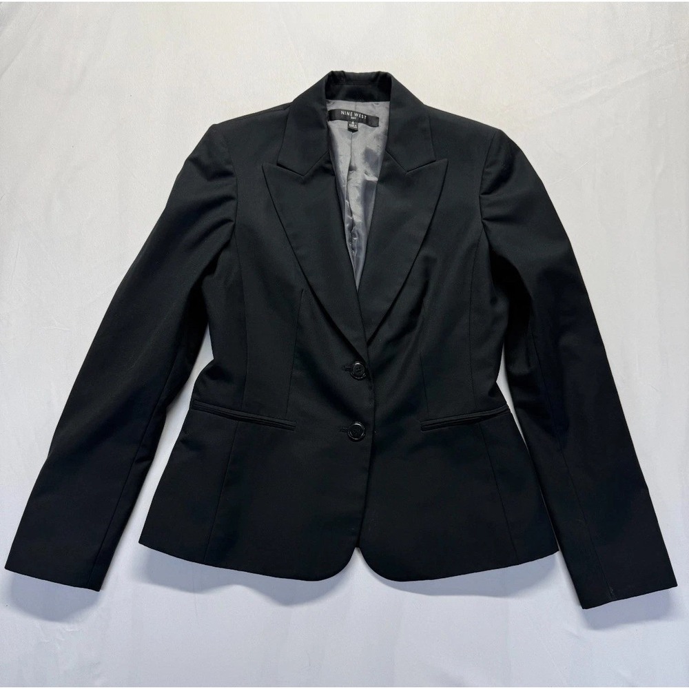 Nine West Blazer Jacket Womens 4 Black Lined Peak Lapel Double Breasted Formal